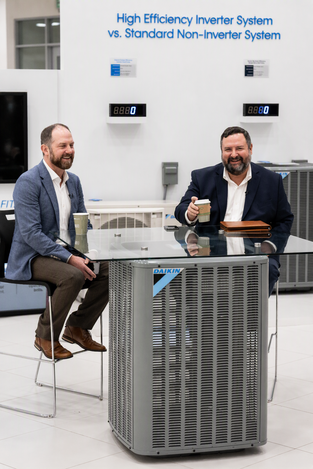 Two men in suits sitting by a Daikin air conditioning unit table, smiling and holding coffee cups.