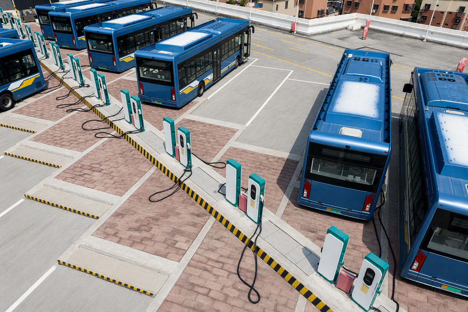 Multiple blue electric buses parked and charging at a large outdoor bus depot.