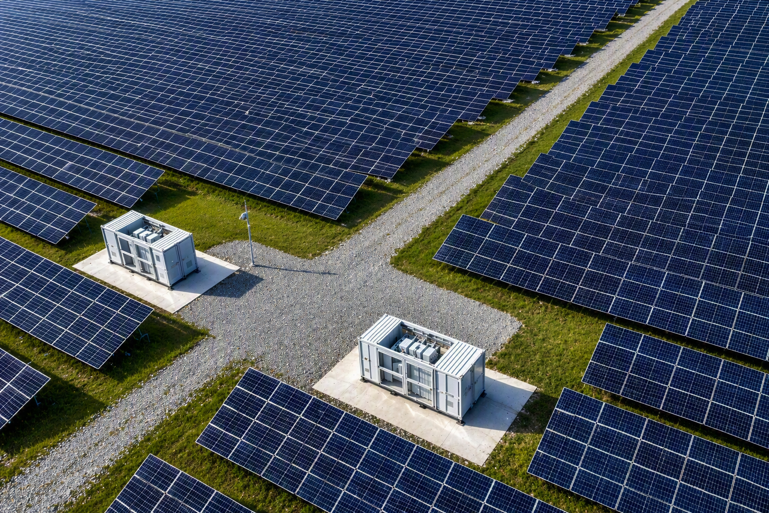 Aerial view of solar panels and two white electrical equipment containers on grassy land with gravel pathways.