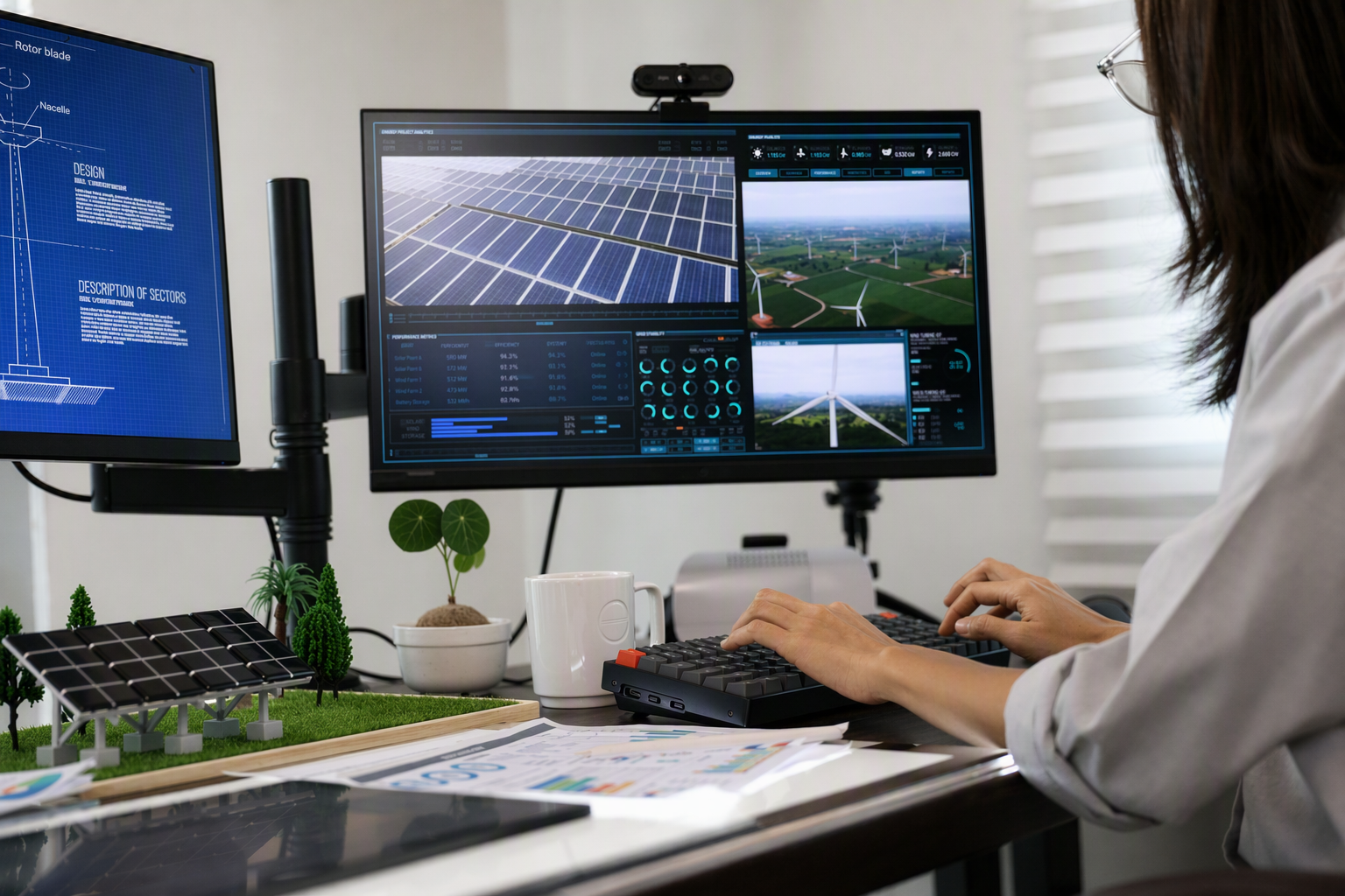 Person working on computer with dual monitors showing solar panels and wind turbines data and designs.