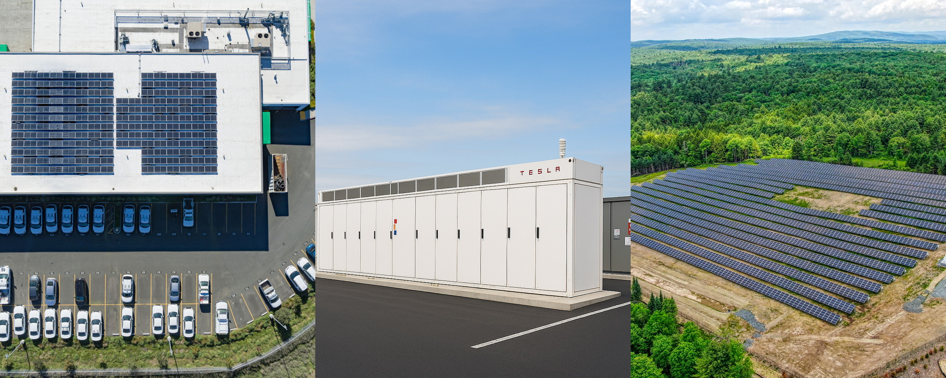 Collage of solar panels on a building roof, Tesla energy storage unit, and a large solar farm in a forested area.