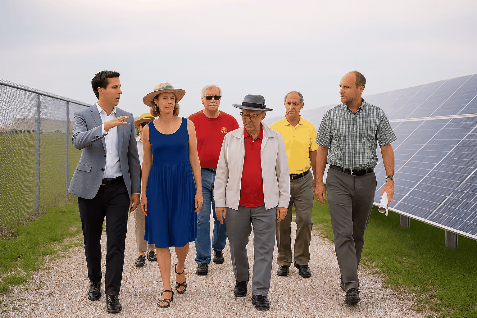 Group of six adults walking on a gravel path next to solar panels and a chain-link fence.