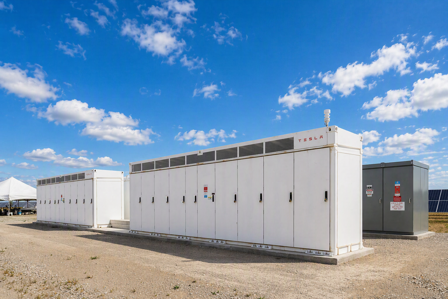 Two large white Tesla energy storage units outdoors under a blue sky with scattered clouds.