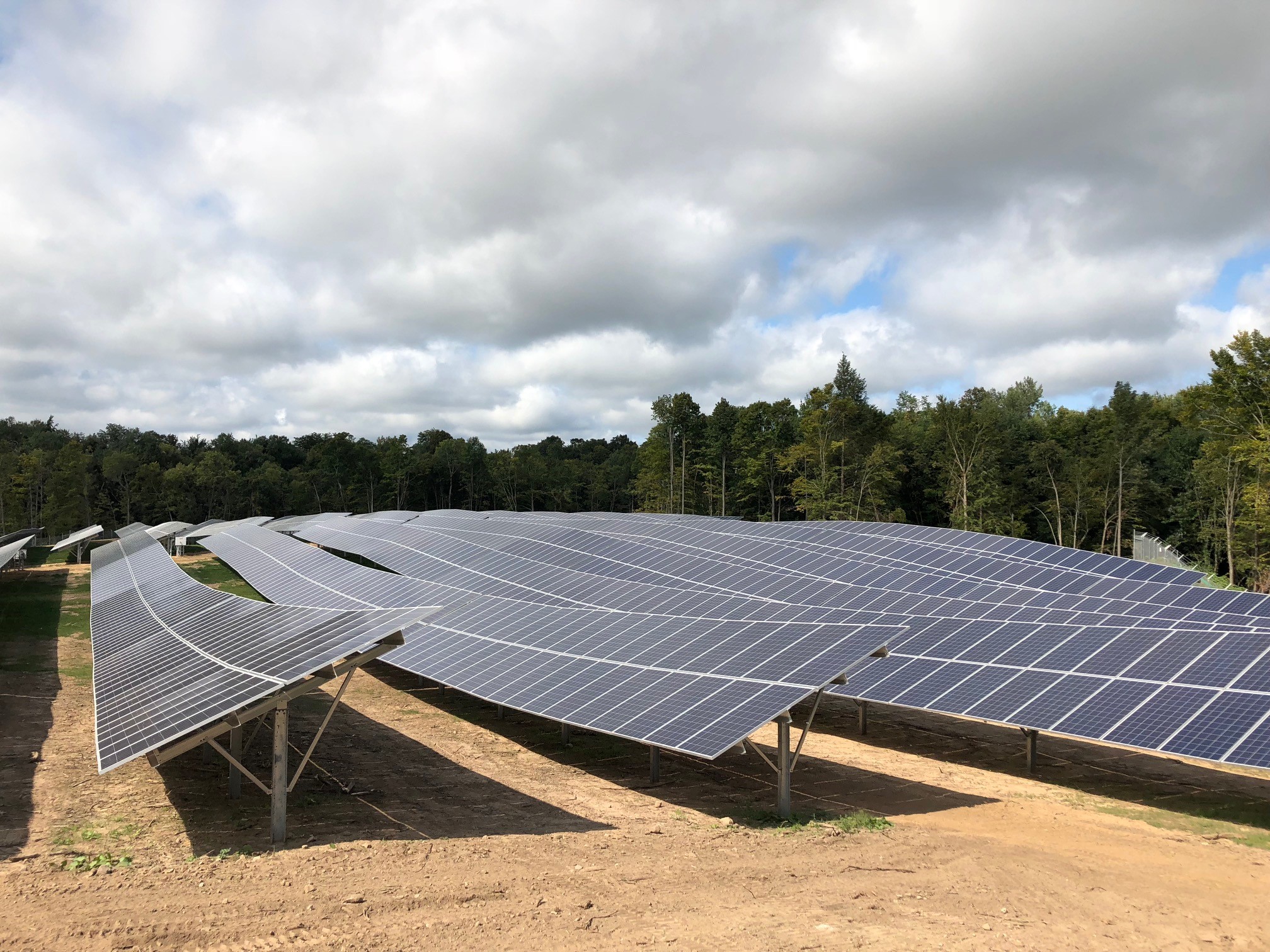 Rows of solar panels on metal frames in a dirt field with trees and clouds in the background.