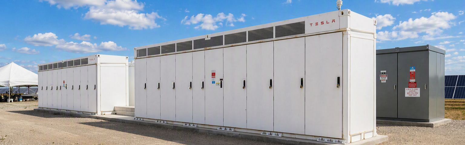 Two large white Tesla battery storage units outdoors under a blue sky with solar panels nearby.