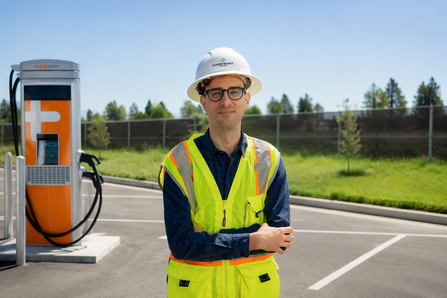 Man in safety vest and hard hat standing in a parking lot near an electric vehicle charging station.