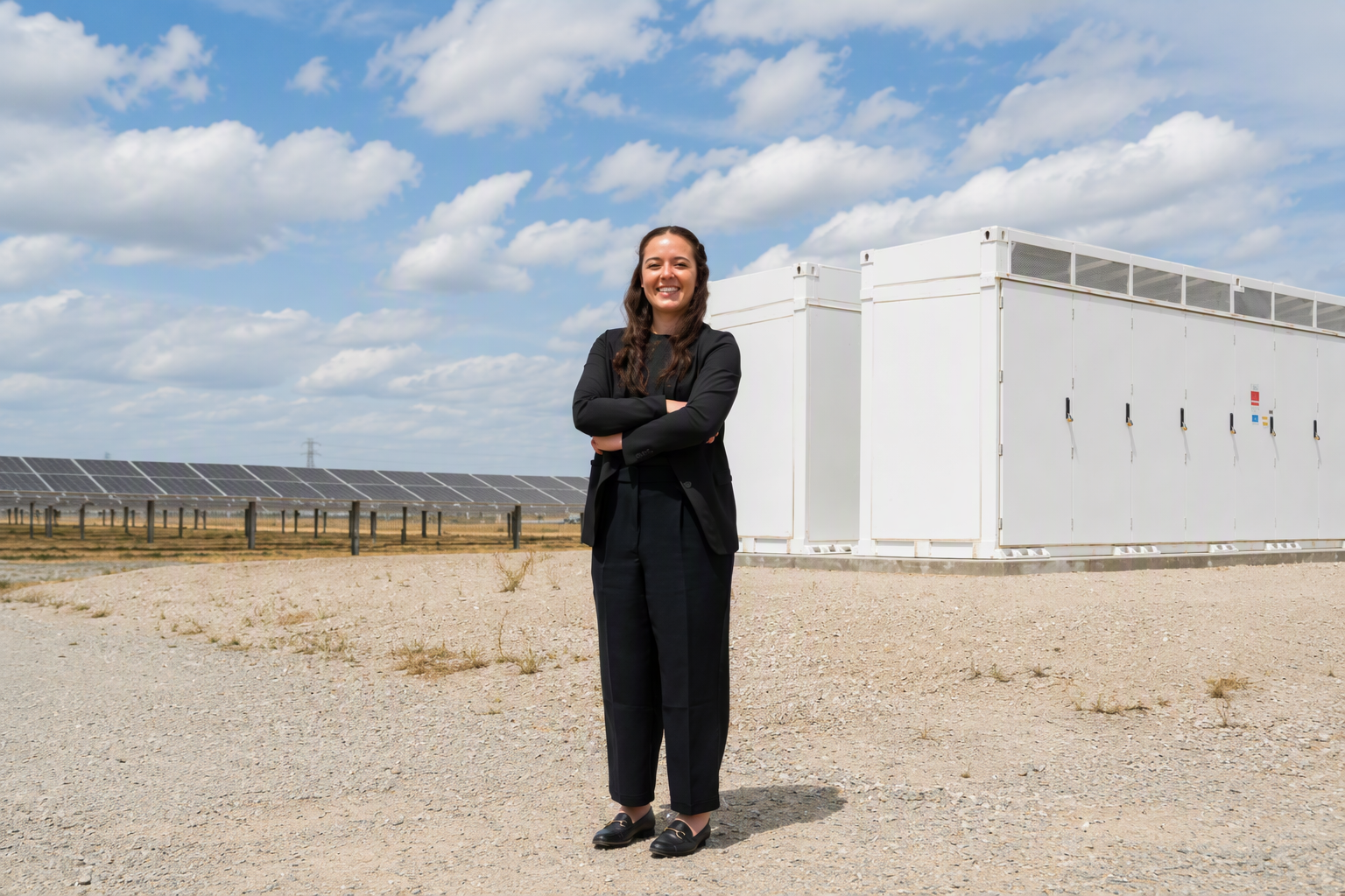 Smiling woman in black suit stands with crossed arms near solar panels and white utility boxes outdoors.