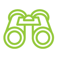 Green outline icon of binoculars symbolizing assessment or evaluation.