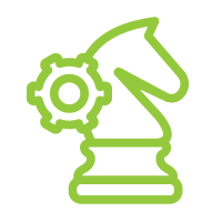 Green chess knight with a gear symbol behind it, representing strategic planning.