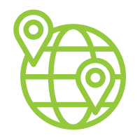 Green globe icon with two location pins marking different positions.
