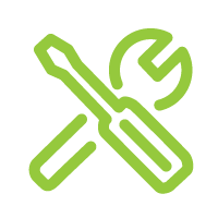 Green screwdriver and wrench crossed, symbolizing tools or installation phase.