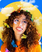 Smiling woman with curly hair and glasses surrounded by colorful butterflies against a yellow sun circle background.