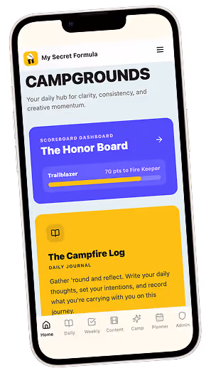 Smartphone screen showing the My Secret Formula app with Campgrounds, Honor Board, and Campfire Log sections.