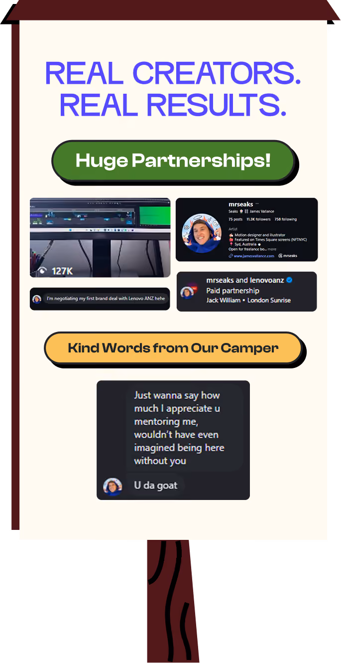 Results for Camper Mr. Seaks, also known as James Vallance. He landed his first paid brand partnership with Lenovo ANZ and his 2026 showreel reached 127K views.