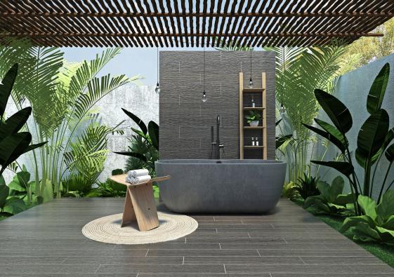 Outdoor bathroom with a gray freestanding tub, wooden stool with towels, surrounded by tropical plants under a slatted pergola.