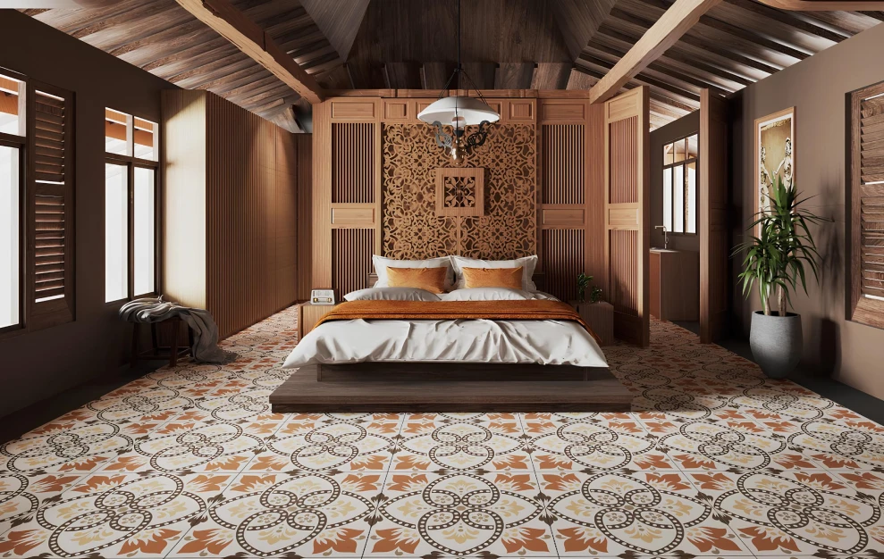 Modern bedroom with wooden ceiling, intricate carved wood headboard, patterned tile floor, and large plant near window.