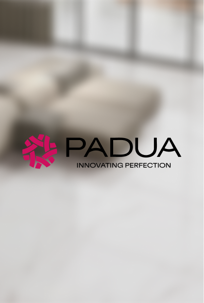 PADUA logo with magenta geometric emblem and text 'INNOVATING PERFECTION' on blurred beige and brown background.