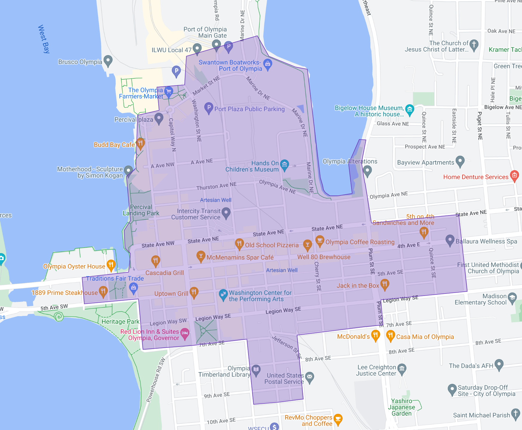 Map highlighting the New Olympia Creative District boundary in purple, covering approximately 3.5 square miles and 231 acres, showing key landmarks and streets in Olympia, Washington.