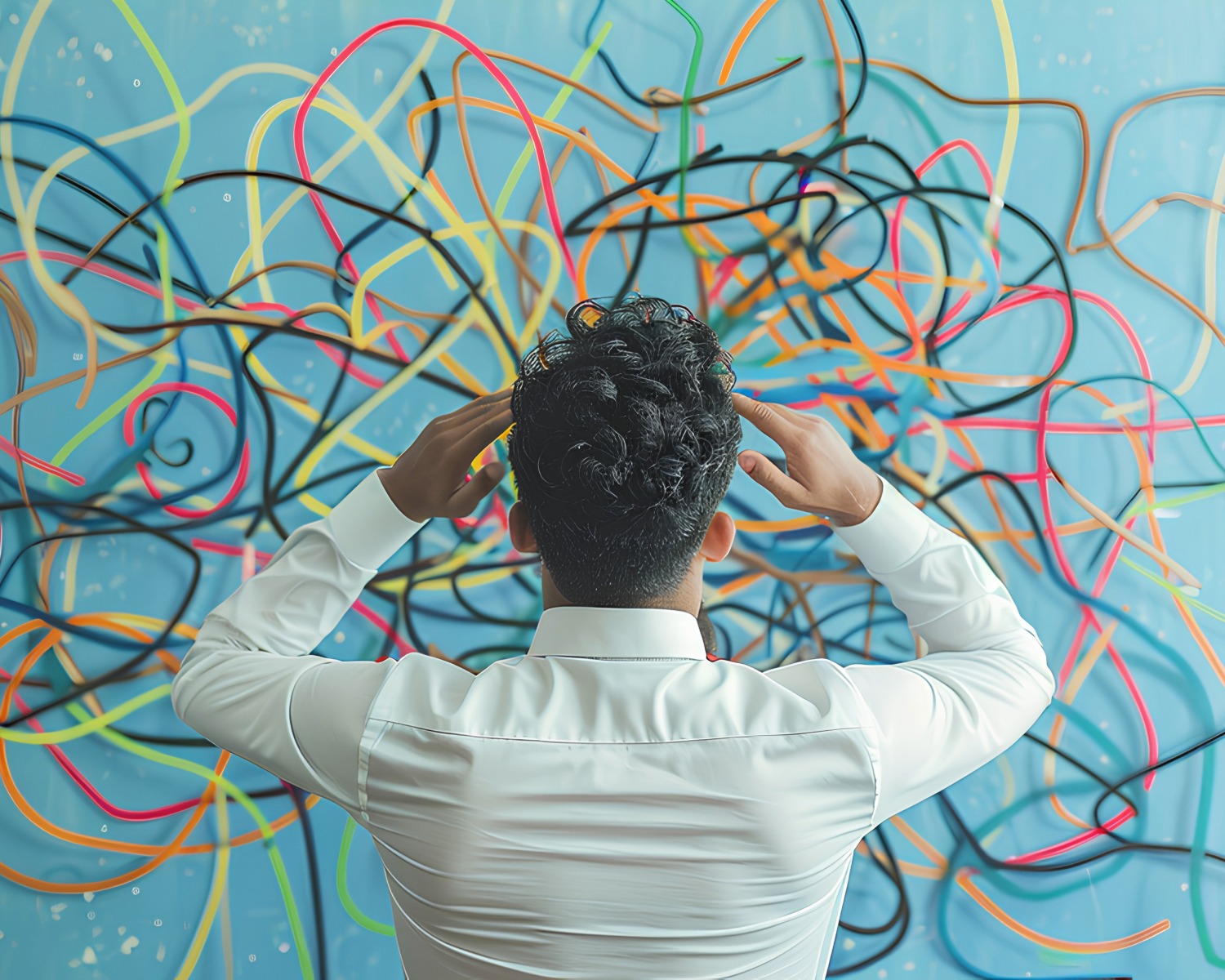 a picture of a man standing before a complicated tangle of a process