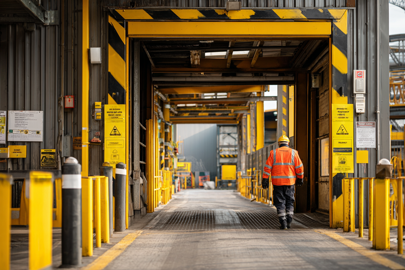 Industrial worker in a high-visibility orange jacket and yellow helmet walking through a yellow and black safety-marked industrial corridor.