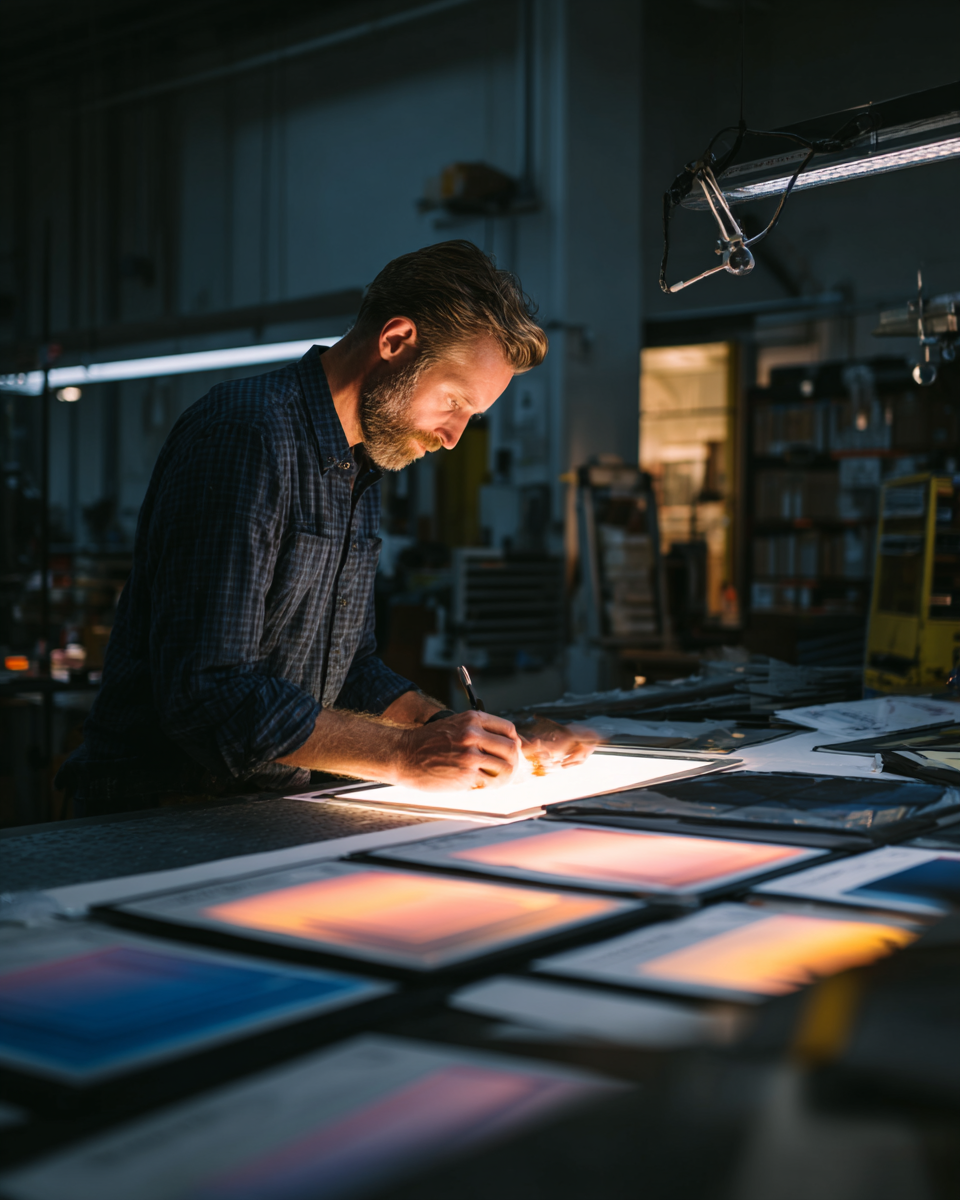 Bearded man in plaid shirt draws on illuminated light table in dim workshop.