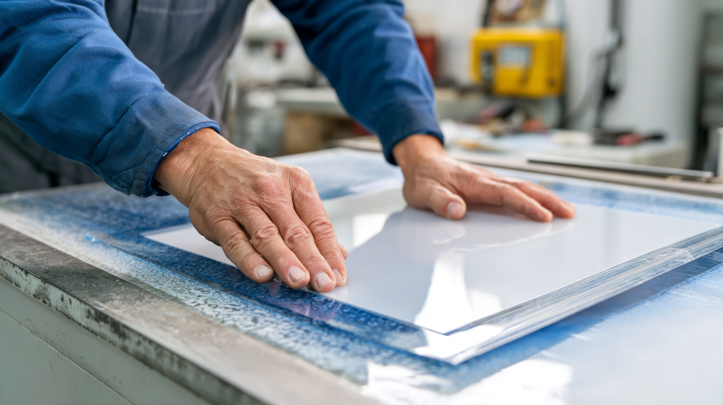 Hands smoothing or positioning a clear acrylic or glass sheet on a worktable in a workshop.