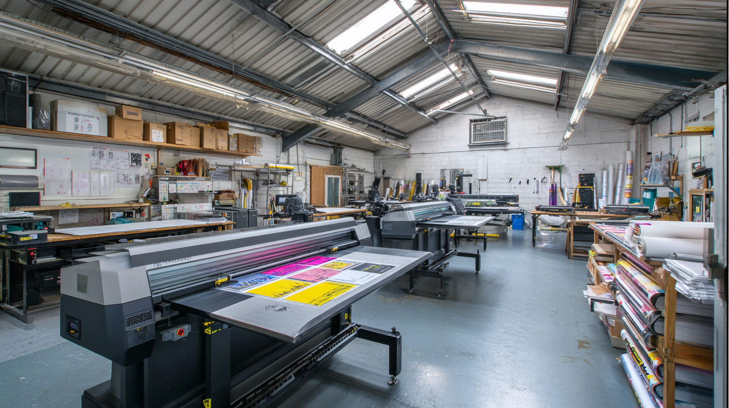 Wide industrial printing shop with large printers printing colorful posters and shelves with supplies.