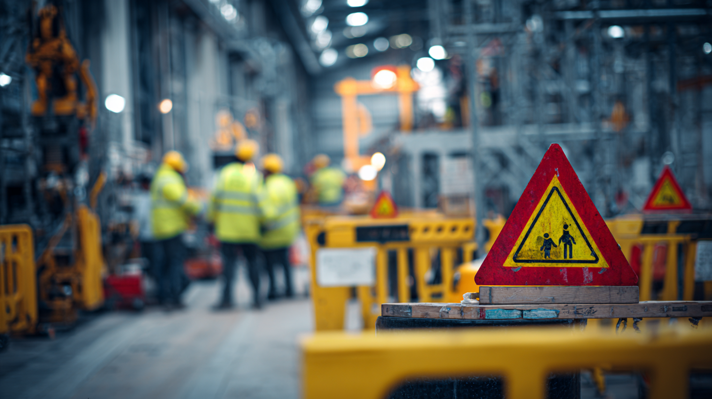 Yellow safety barriers and a caution sign with adult and child symbol in an industrial workshop.