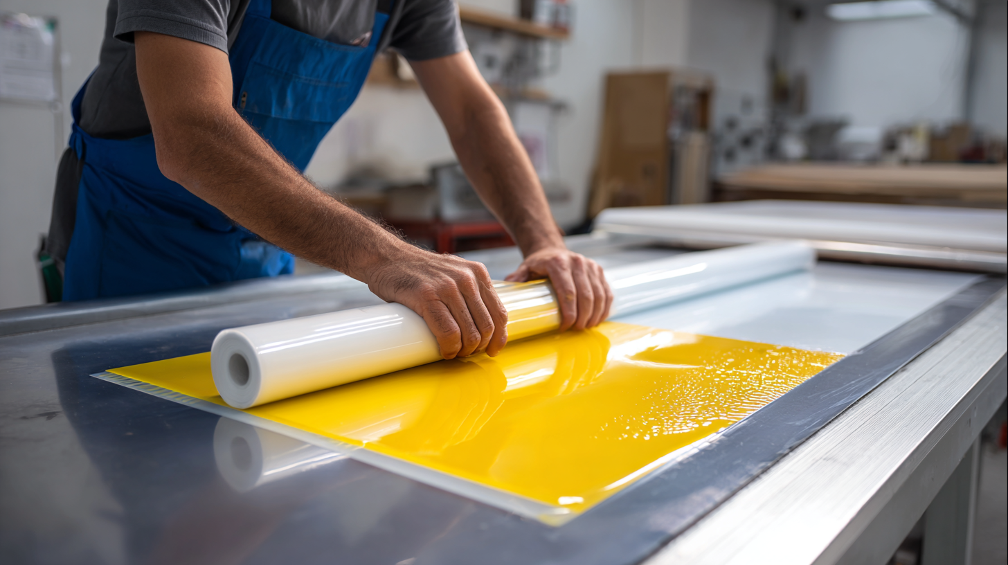 Person in blue apron rolling out a yellow adhesive vinyl sheet on a metal table.
