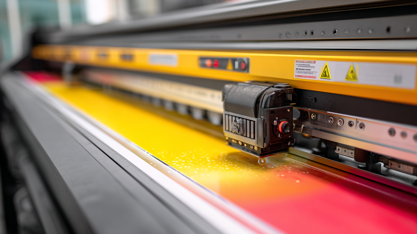 Close-up of a large industrial printer head printing on a yellow and red surface.