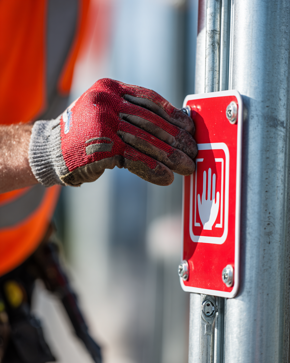 Hand in red work glove pressing a red emergency stop button sign on metal pole.