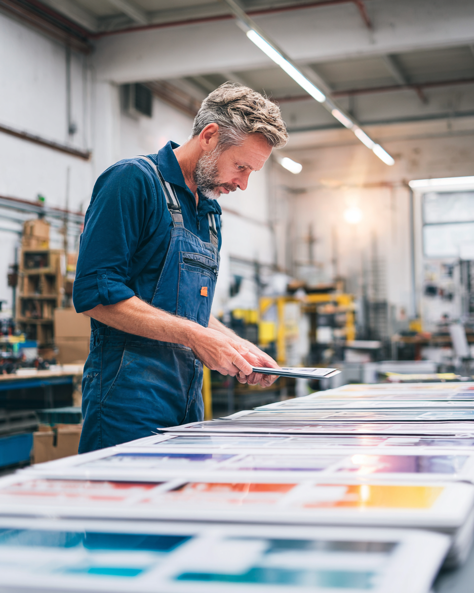 Man in blue overalls examining printed materials on a factory table in an industrial workshop.