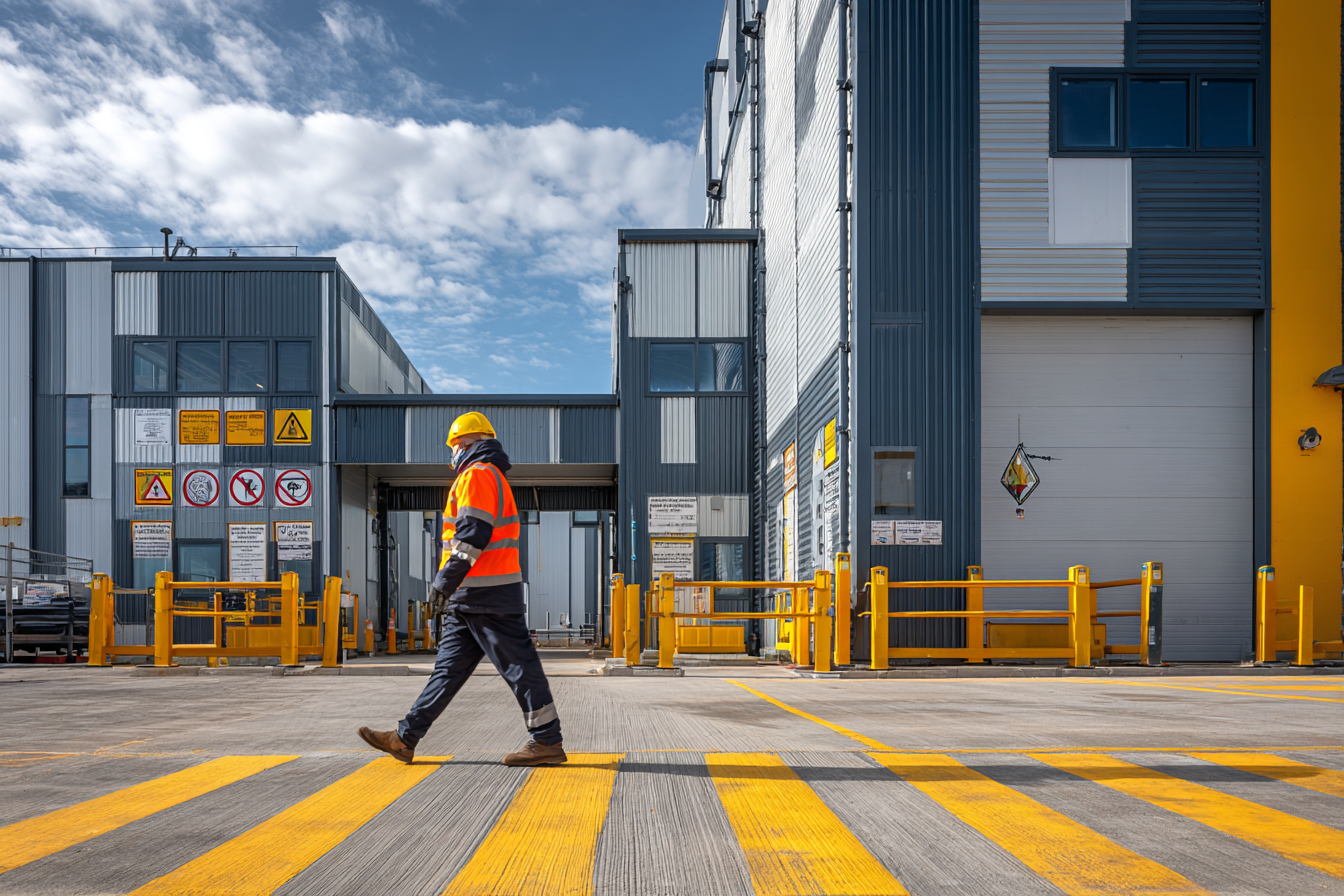 Worker in a yellow helmet and orange safety vest walking across yellow-striped industrial warehouse yard.