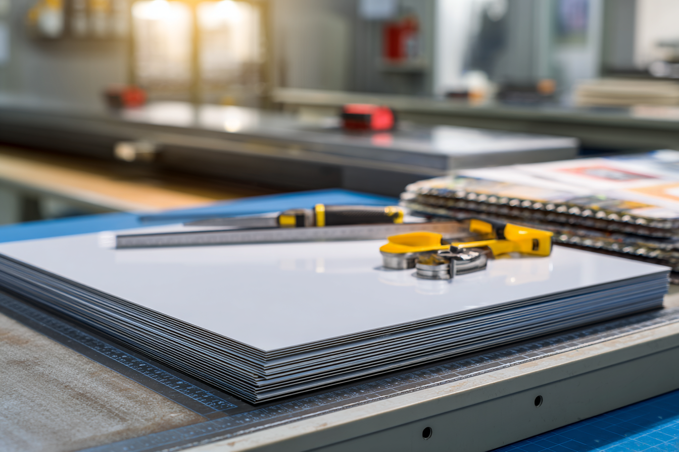 Stack of white foam boards on a table with a utility knife and measuring tape in a workshop.
