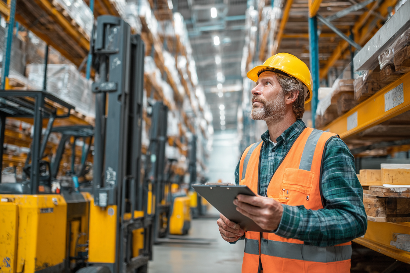 Warehouse worker in safety gear holding clipboard inspecting tall stacked shelves and forklifts.