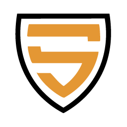 Shield-shaped emblem with an abstract gold design inside and a thick black outline.