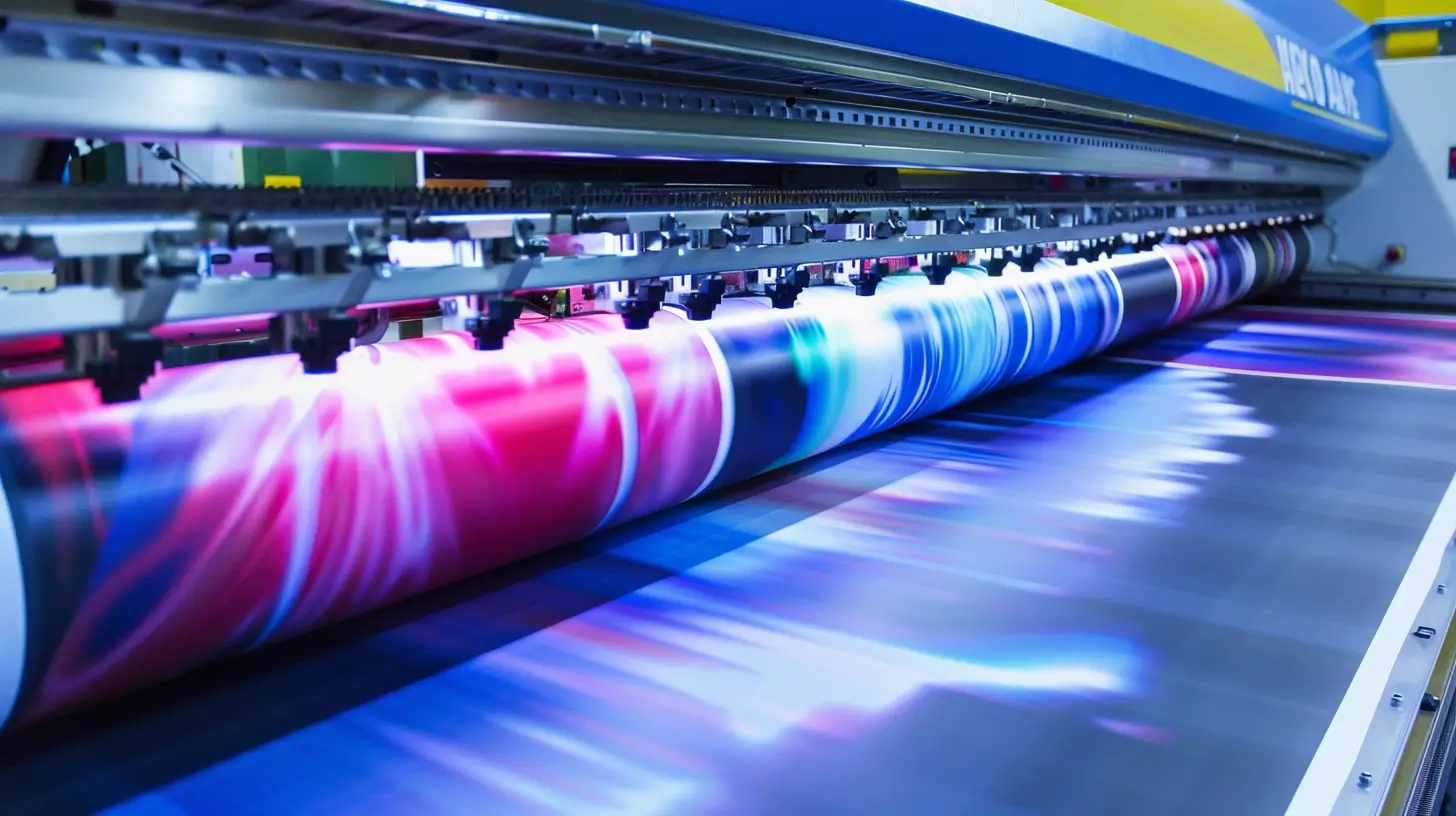 Wide-format digital printer producing colorful, large-scale vibrant print on material roll.