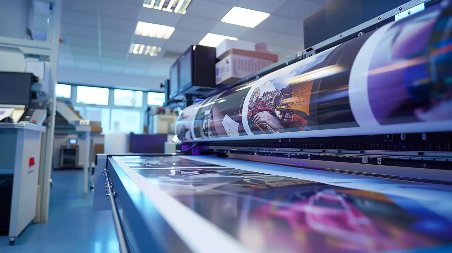 Large-format printer producing a high-resolution colorful print in a bright printing facility.