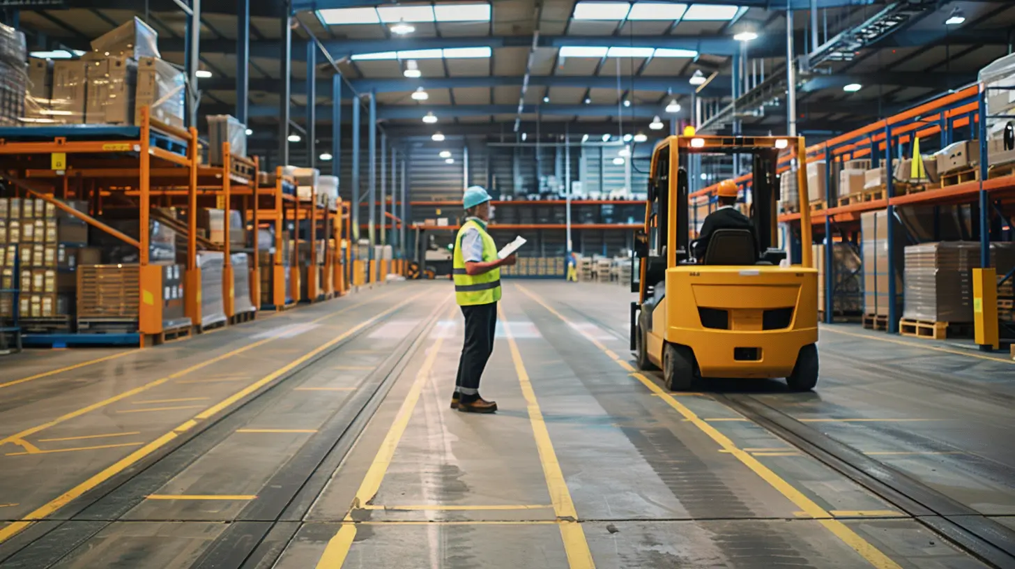 Warehouse worker in safety vest inspects forklift operated by another worker surrounded by shelves of goods.