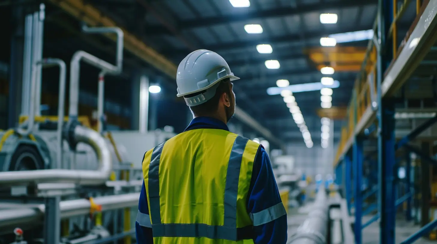 Worker wearing a white hard hat and yellow safety vest inside an industrial factory with pipes.