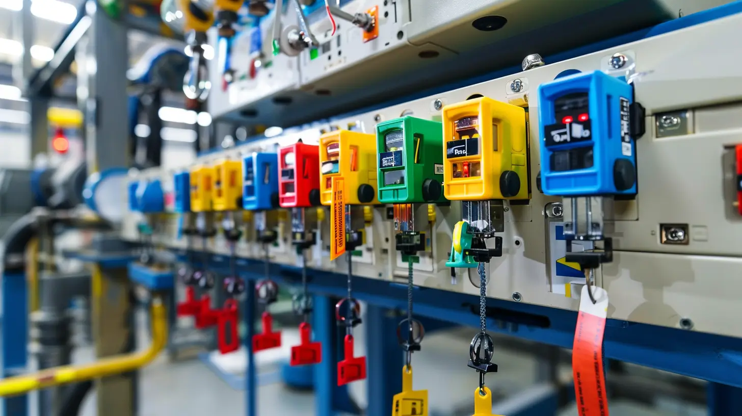 Row of colorful lockout devices secured on electrical panel switches for industrial safety.