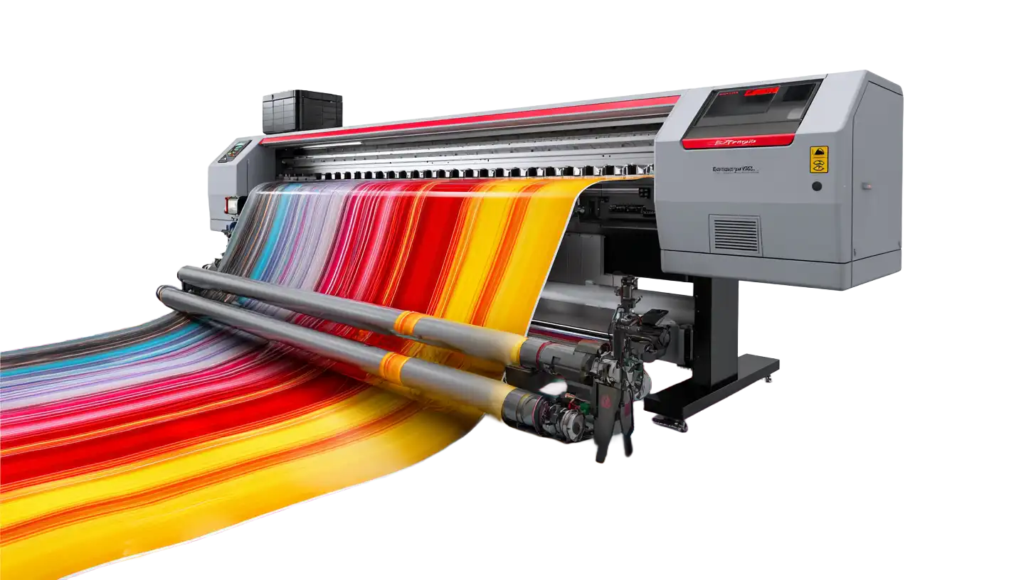 Large industrial printer producing wide colorful striped fabric or material with vivid reds and yellows.