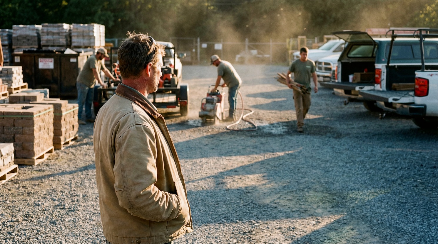 A landscape-business owner stands alone in the yard at first light, watching his crew load out and get to work