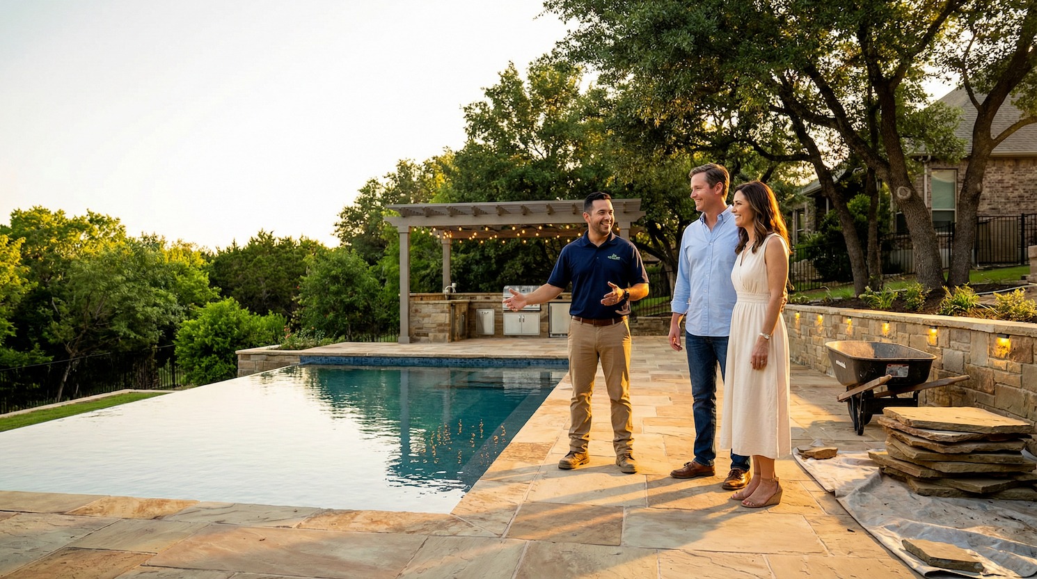 An owner walking a client past a finished infinity pool at dusk