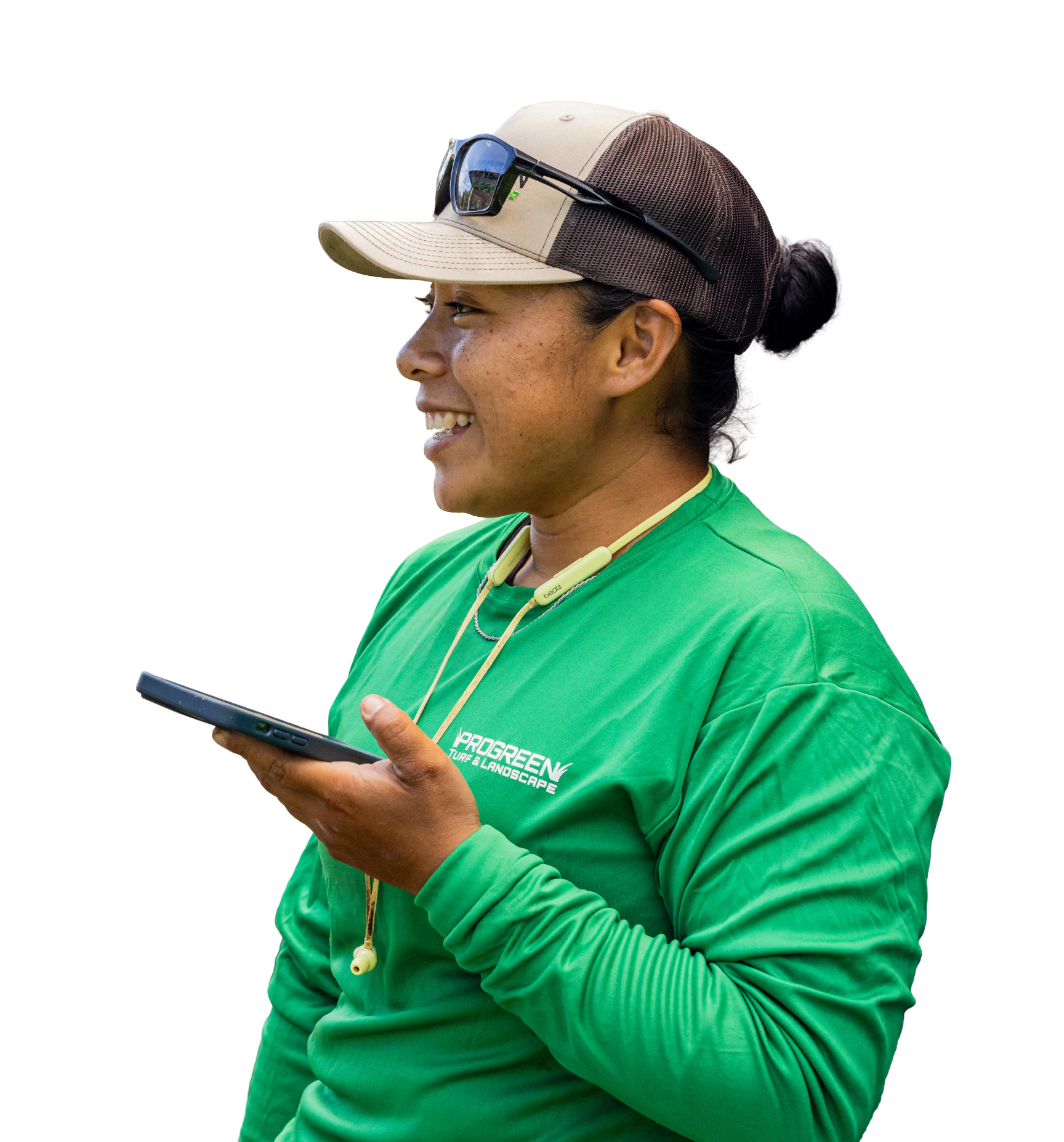 Crew member smiling with phone