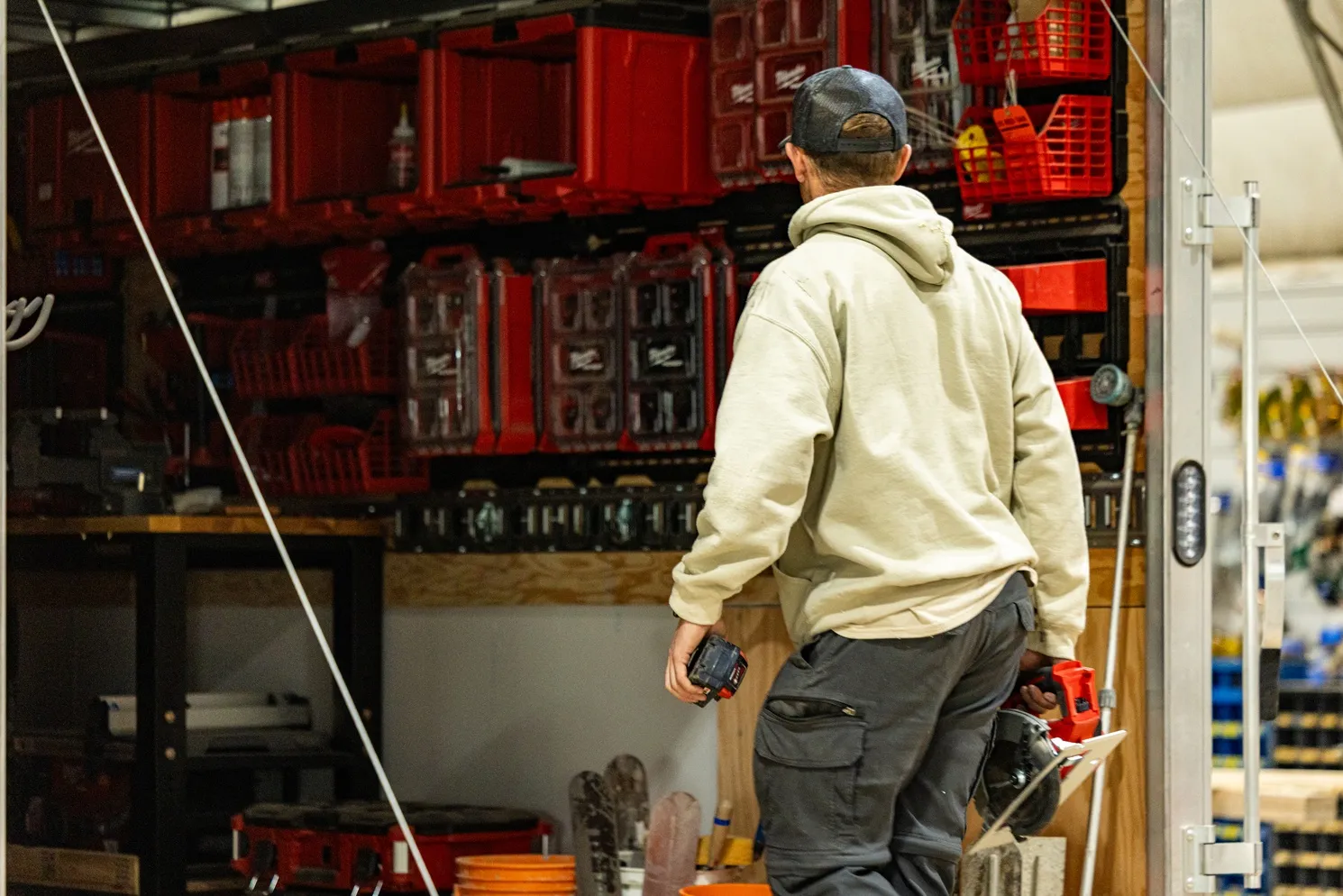 A fully organised tool wall inside a company trailer