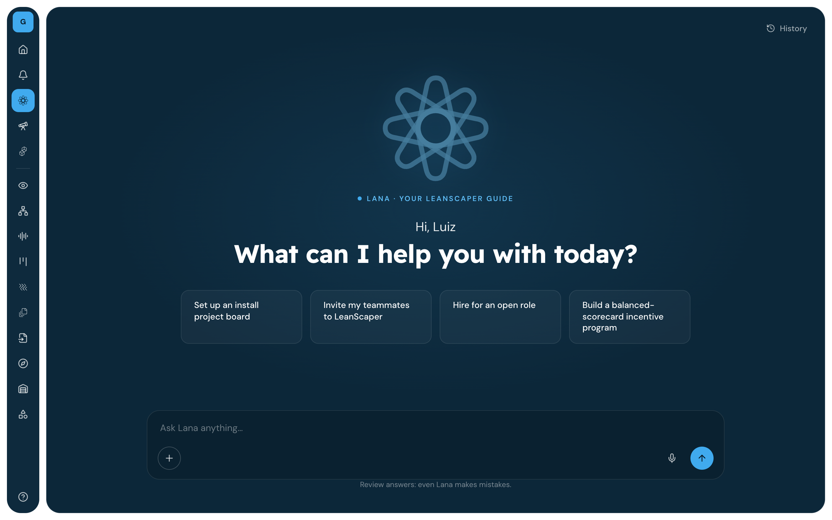 Lana app home inside LeanScaper AI — nav rail, greeting, suggestion chips and the Ask Lana composer
