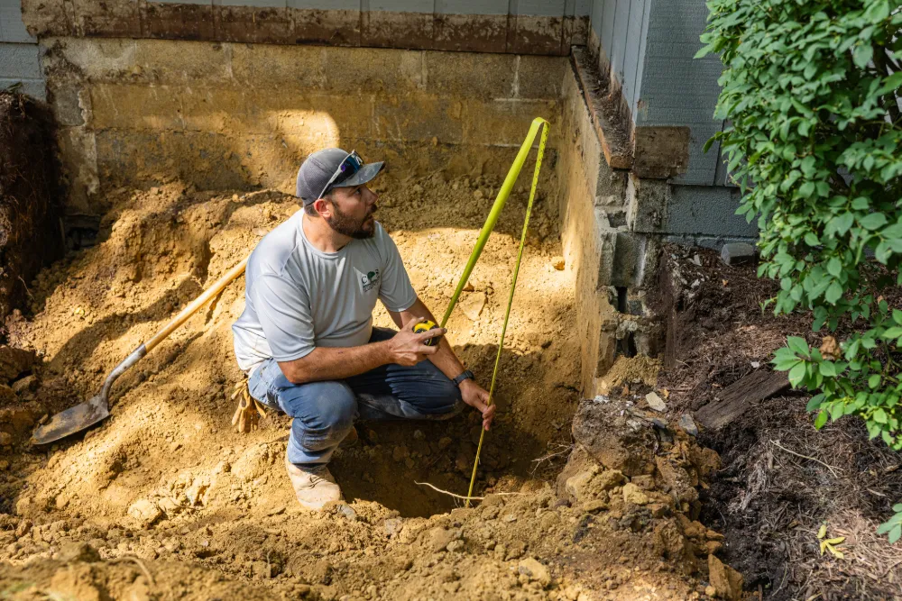 A C&S crew member measuring a dig by hand