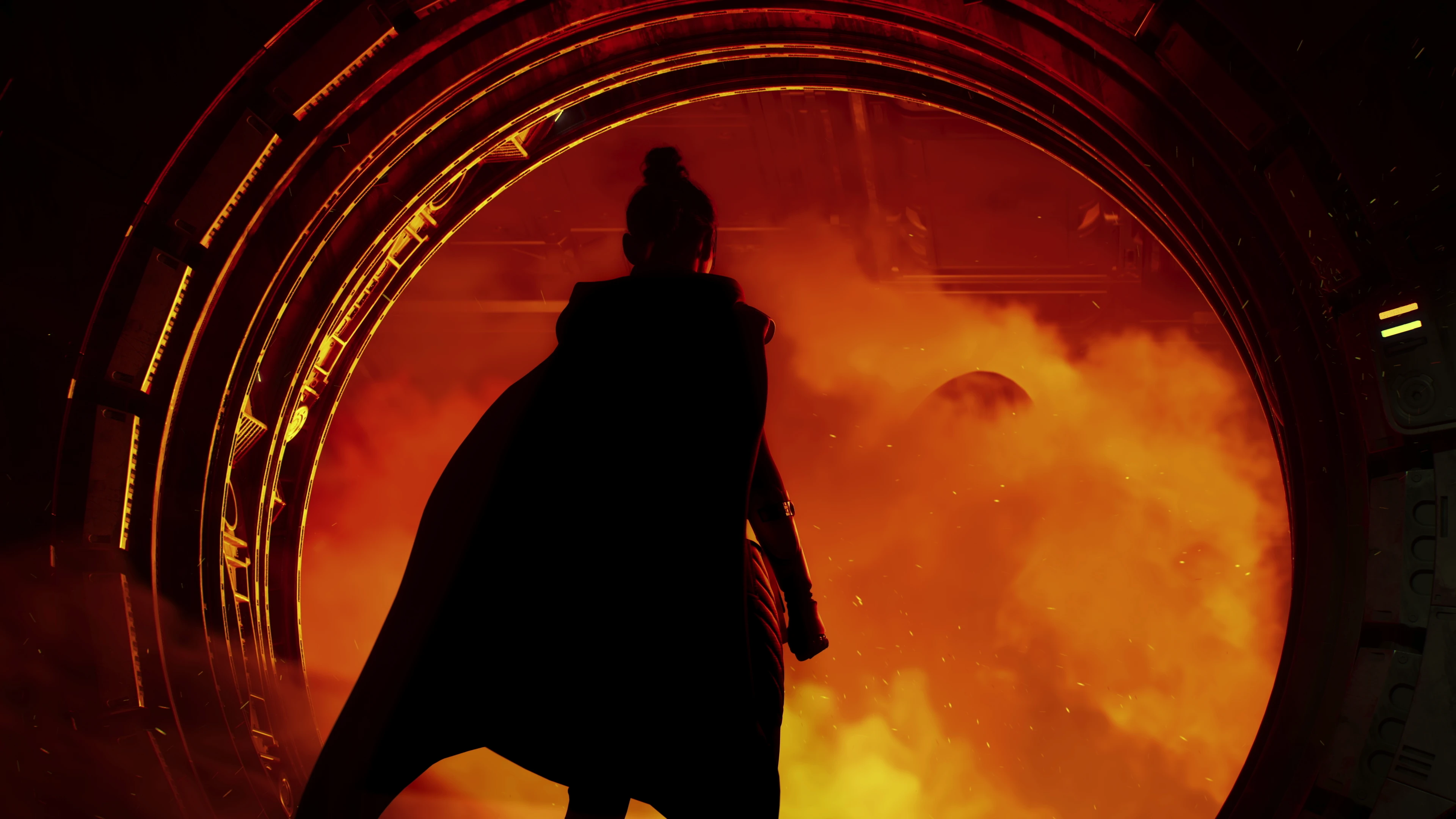 Silhouette of a person wearing a cape standing in front of a large circular portal filled with fiery orange smoke and embers.