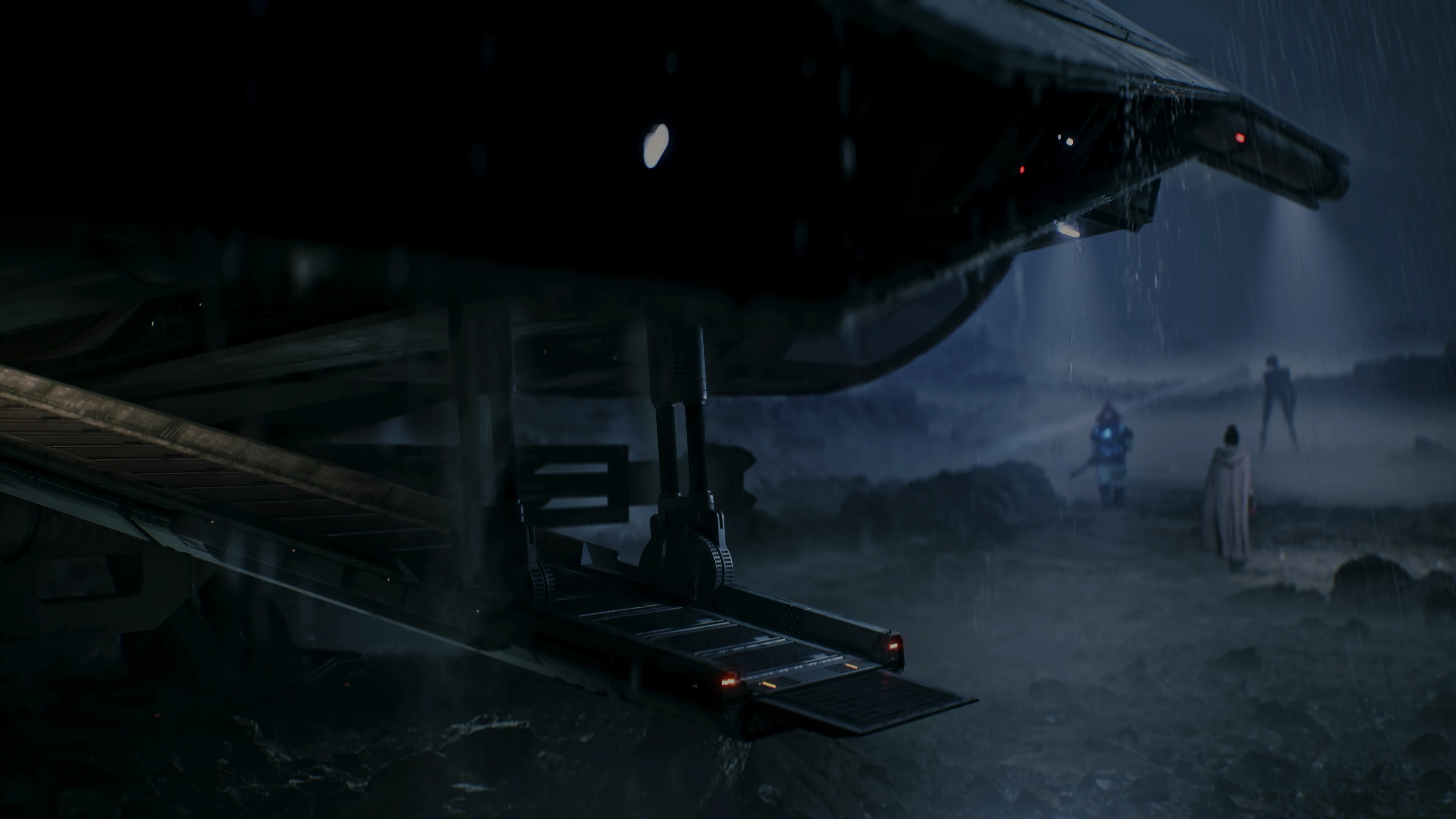 Dark rainy scene showing a spaceship ramp extended with three figures near it on rocky terrain under dim light.